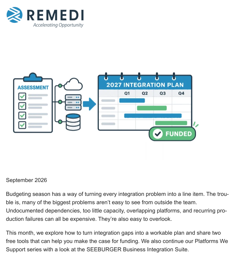 Remedi newsletter featuring an integration budget graphic